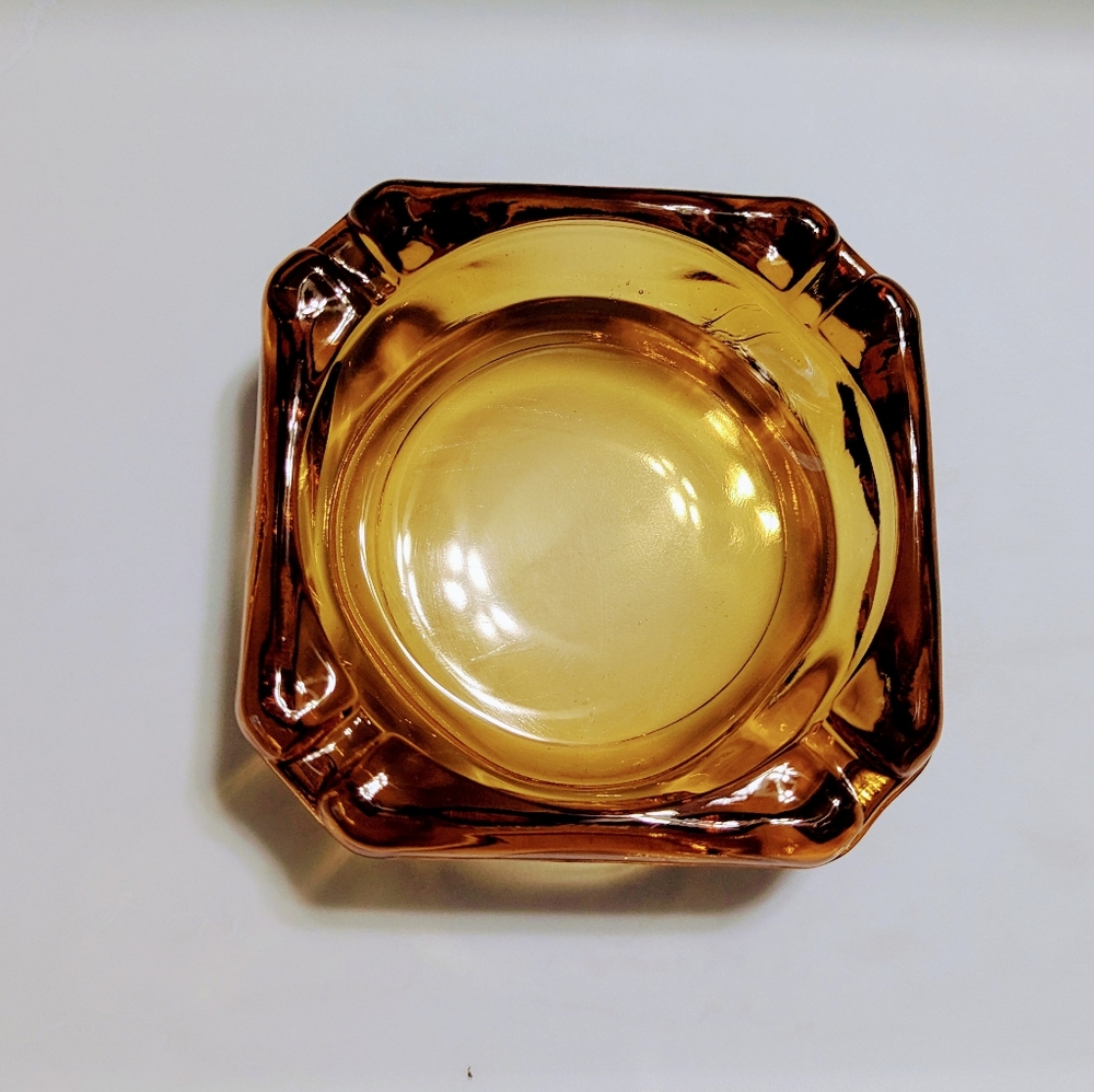 Vtg Amber 3.75” Cigarette 4 Slot Square Glass Ashtray MCM